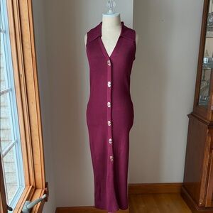 Sleeveless Burgundy Ribbed Button-Down Dress